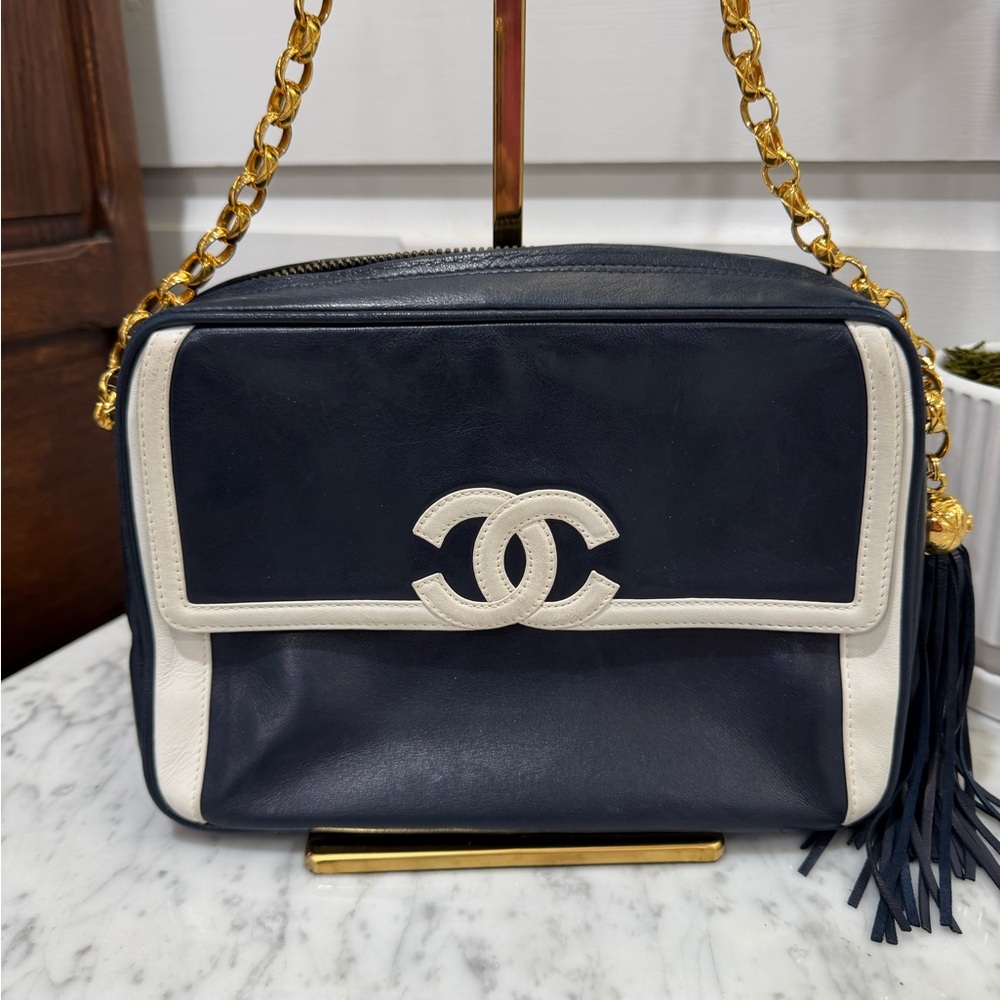 CHANEL Navy and White Lambskin Camera Shoulder Bag with Gold Chain
